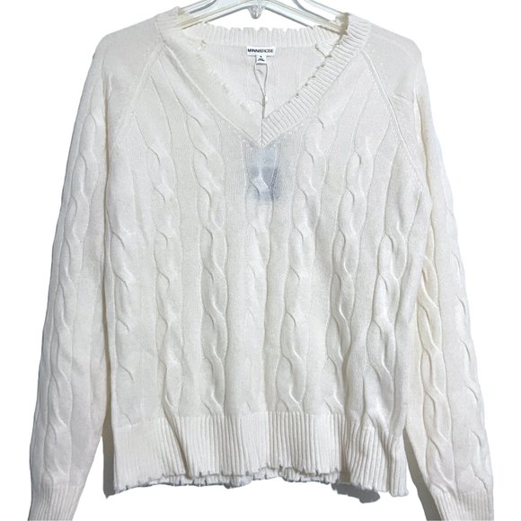 NEW Minnie Rose Cashmere V-Neck Frayed Edges Cable Knit Sweater - Picture 6 of 12
